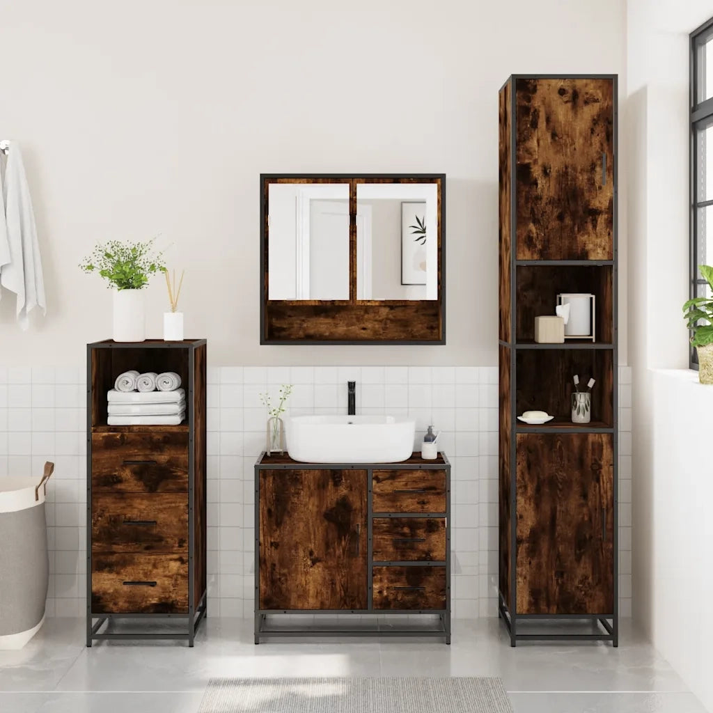 Set Mobili da Bagno 3 pz Rovere Fumo in Legno Multistrato