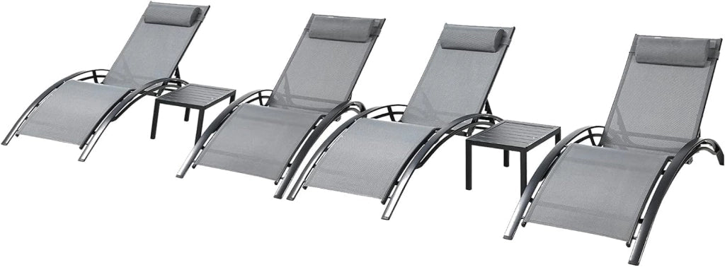 Set di 2 lettini prendisole in alluminio, Lettino da Giardino, con Tavolo e Cuscino Poggiatesta, Resistenti alle intemperie, Schienale regolabile in 5 posizioni, Adatto per giardini, piscine