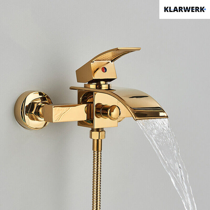 "ROSA" | Miscelatore vasca a cascata doccia oro | in acciaio inox comprensivo di doccetta e supporto | Set completo termostato vasca con rubinetto