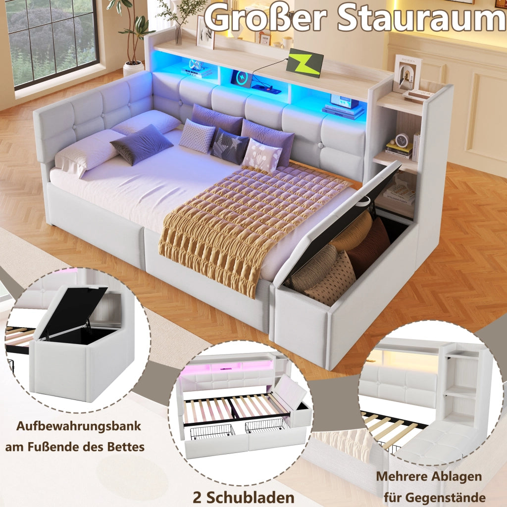 Daybed 90x190 cm in velluto bianco con 2 cassetti; LED; USB e porta Type-C