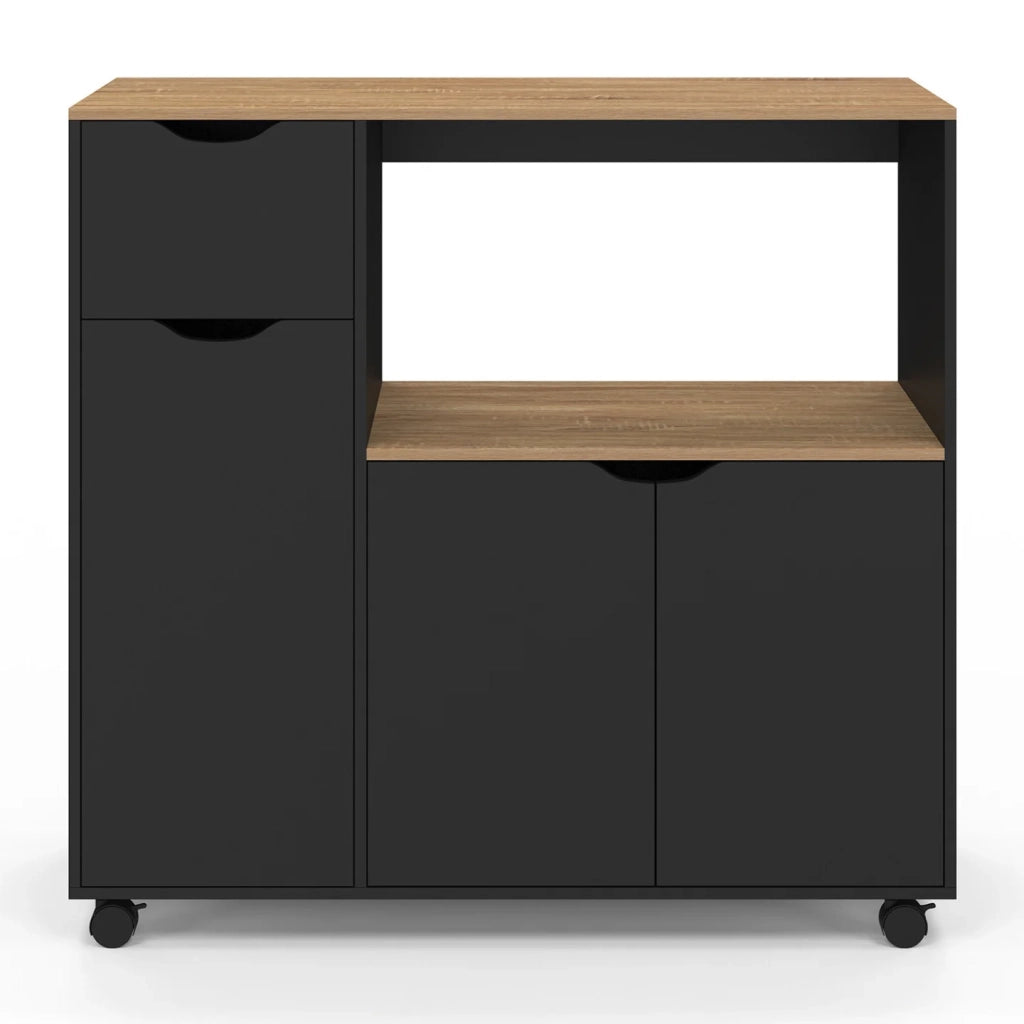 IDMarket - Credenza COSI XXL per microonde con cassetto in legno nero e ripiani in faggio L.90 cm