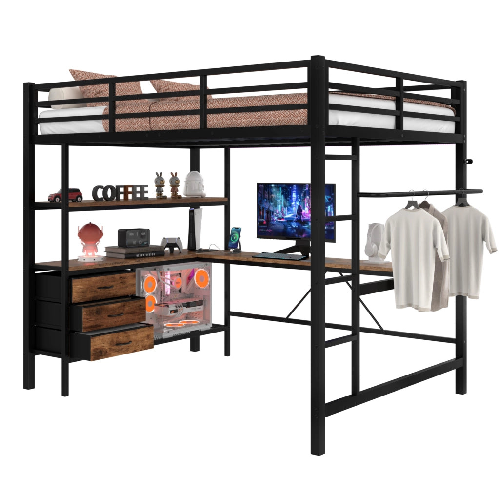 Letto a soppalco 140x200 cm nero con scrivania, USB, cassetti e luce ambiente