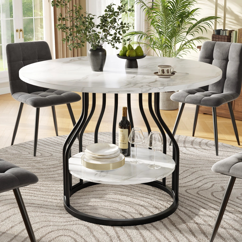 Tavolo da pranzo rotondo con piano in MDF effetto marmo e vano contenitore per soggiorno e cucina nero 80 × 80 × 76 cm