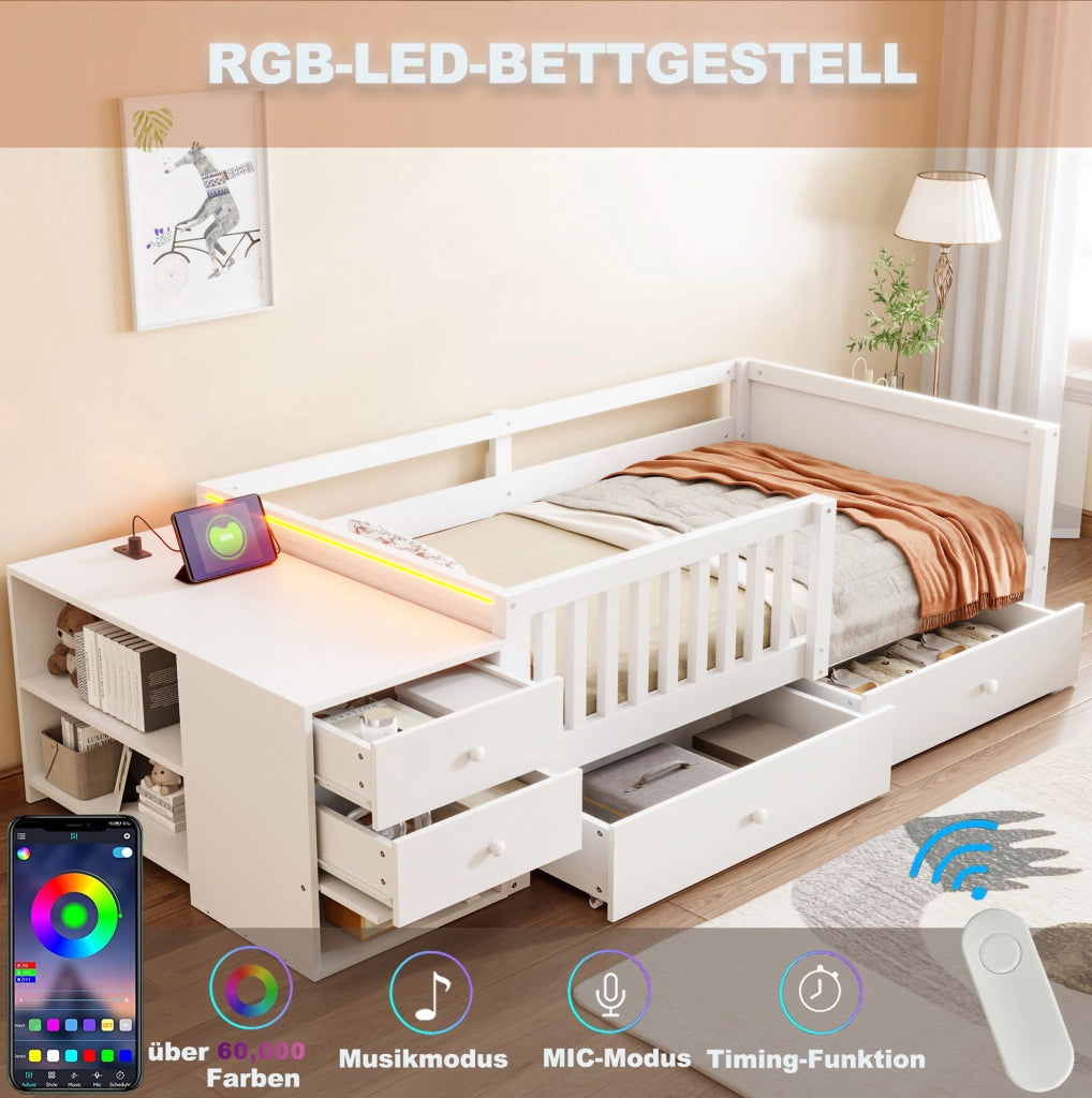 Letto per bambini 90x200 cm con contenitore separato; LED e presa; legno bianco