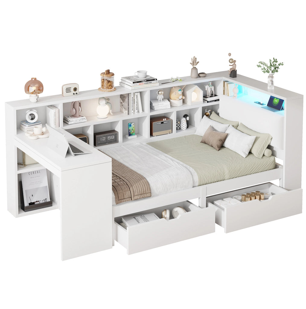 Letto a piattaforma 90x200 cm con scrivania; libreria e LED bianco