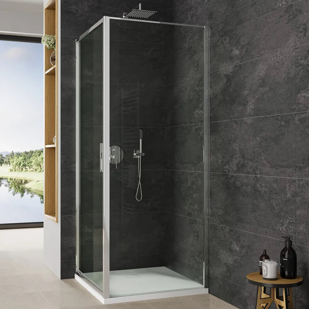 Box doccia slim 70x70cm con porta a battente e parete fissa profili cromati e vetro 6mm trasparente h190| Portofino