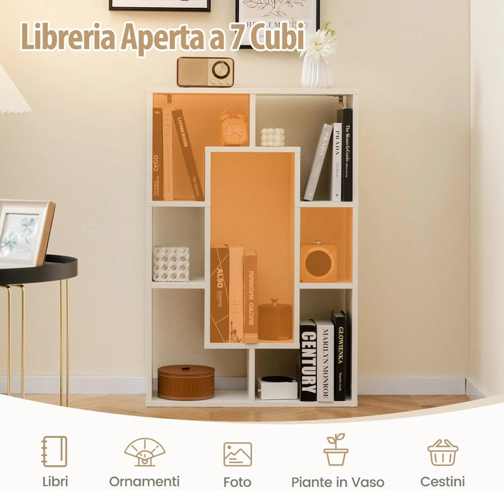 Libreria in Legno, Scaffale Aperto Geometrica a 7 Cubi, Scaffale da Esposizione con Dispositivo Anti-Ribaltamento, per Ufficio Soggiorno Camera da Letto, 60x20x90 cm (Bianco)