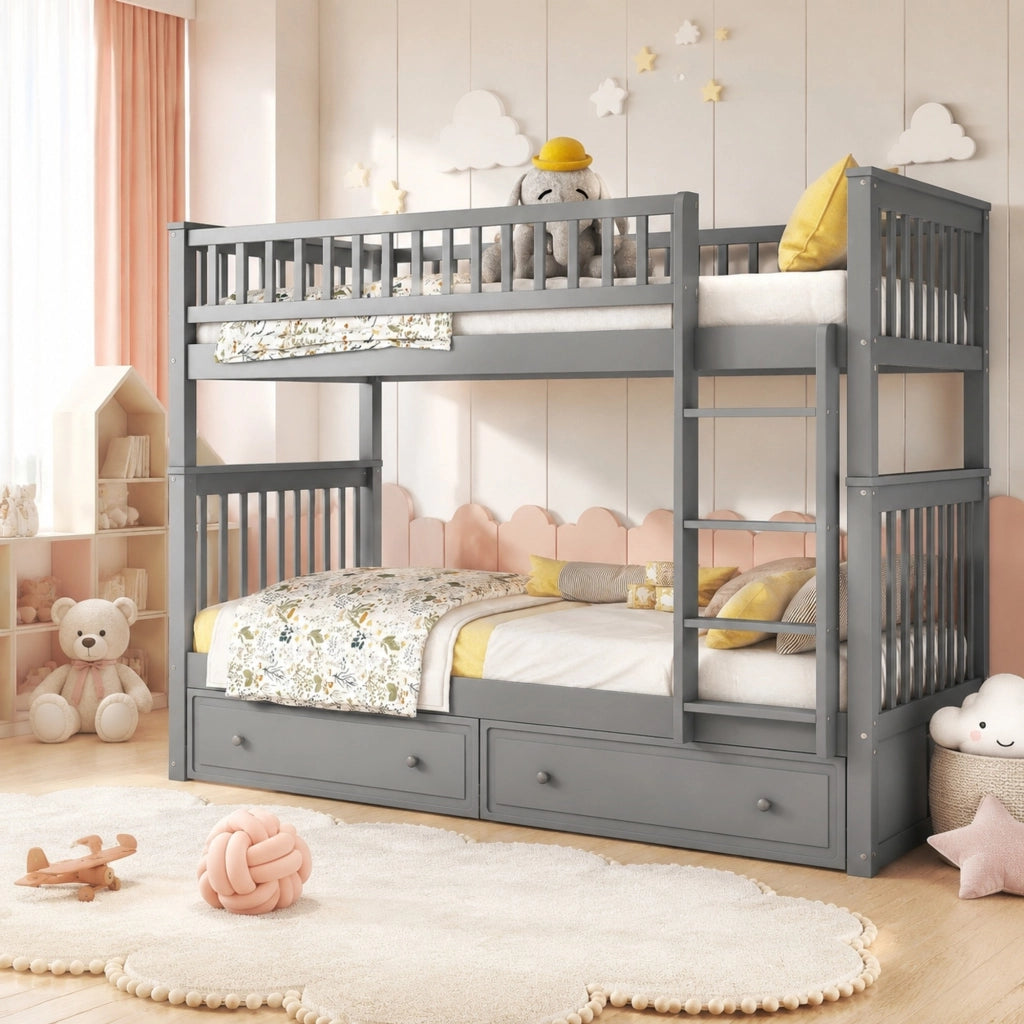 DESMIU Letto a castello 90 × 200 cm 2 posti con 2 cassetti, convertibile in 2 letti, senza materasso, grigio