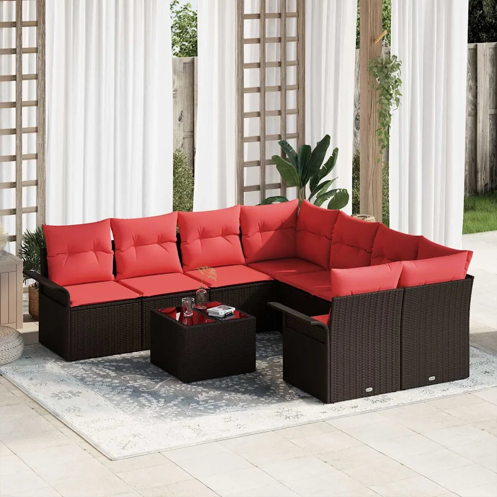 Set Divano da Giardino 9 pcs Marrone e Rosso polyrattan