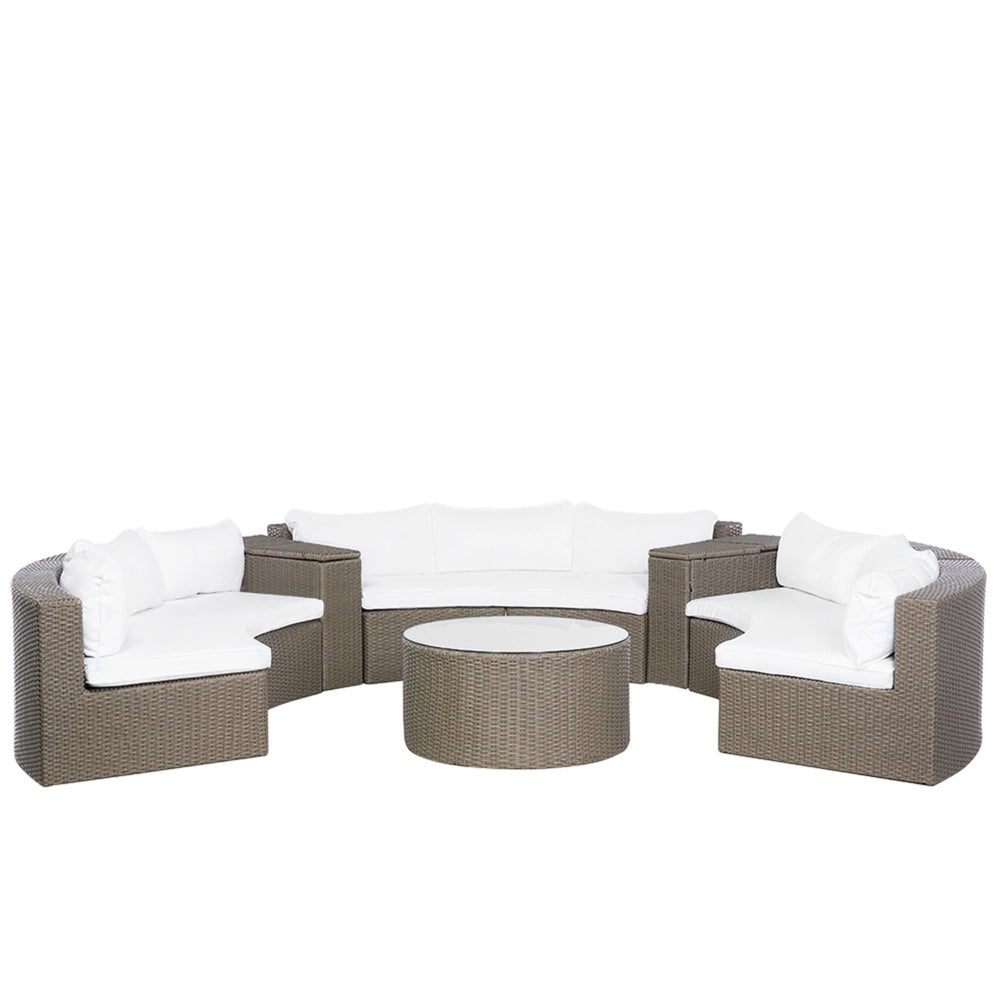 Set divano ad angolo da giardino marrone finto rattan a forma di U 9 posti cuscini bianchi curvi con tavolo set di conversazione