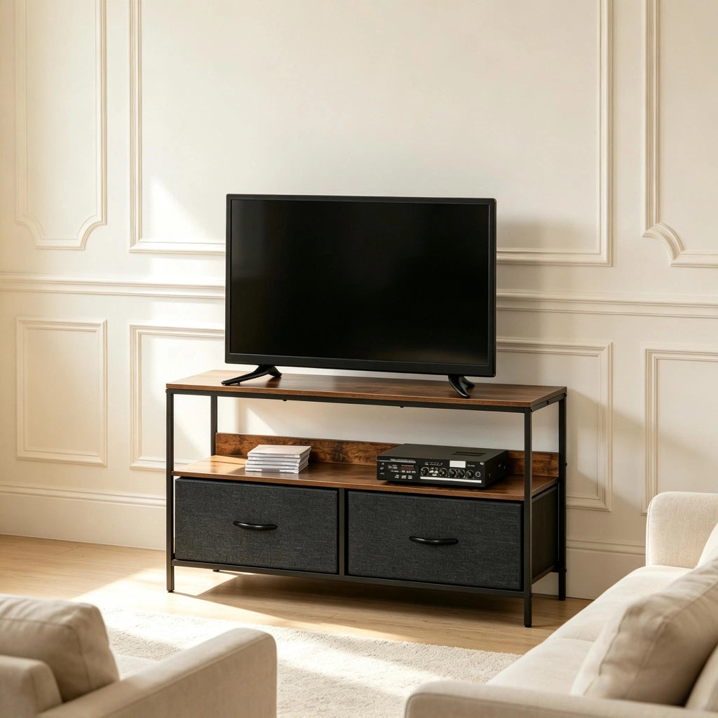 TV-LOWBOARD 98x29x56 cm in MDF, metallo e lino, nero/grigio