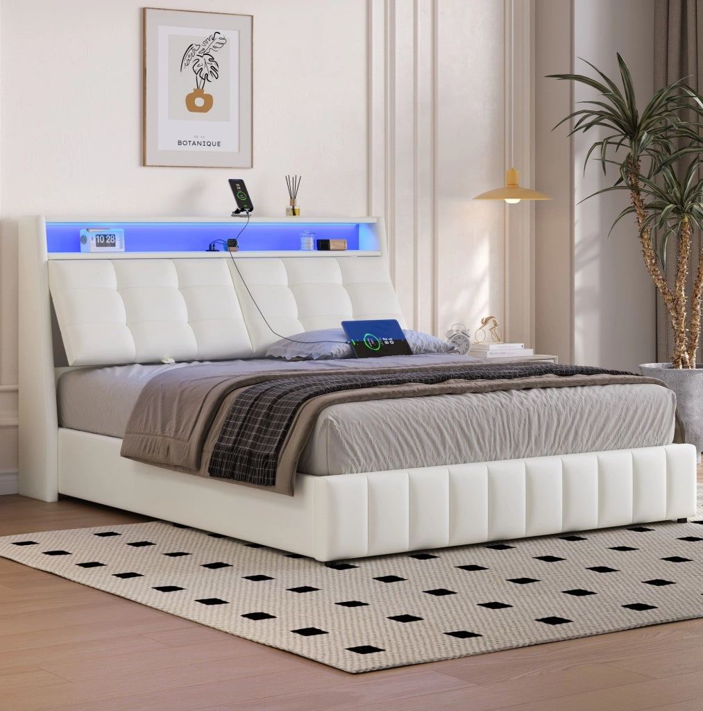 Letto contenitore 160x200 cm bianco con LED, USB e testiera regolabile