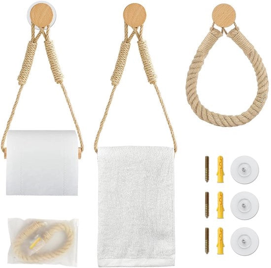 Set di 3 supporti per carta igienica in legno, supporto per carta igienica senza foratura con corda di canapa, decorazione boho per carta igienica, supporto per carta igienica per cucina e bagno