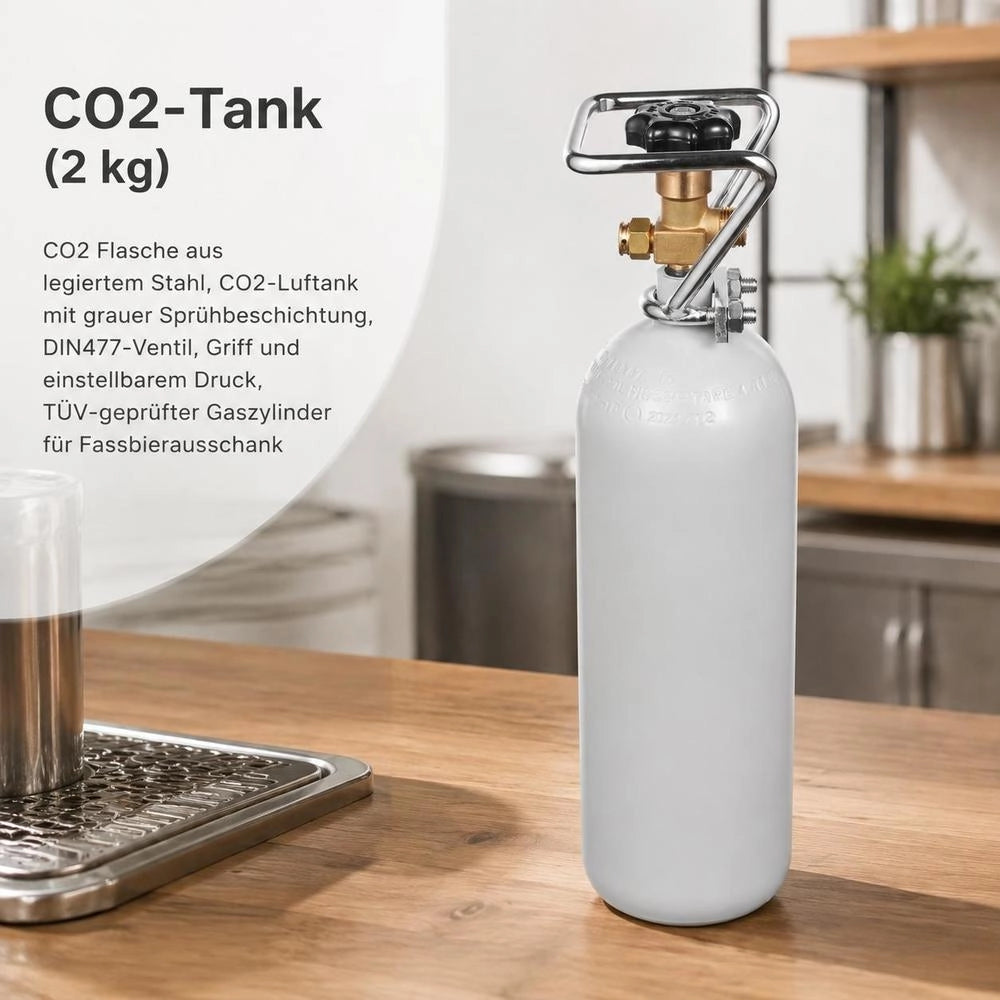 CO2 Tank (2 Kg) CO2 Bottle Made Of Alloy Steel, CO2 Air Tank With Grey Spray Coating, DIN477 Valve, Handle And Adjustable Pressure, TÜV-tested Gas Cylinder For Dispensing Draft Beer