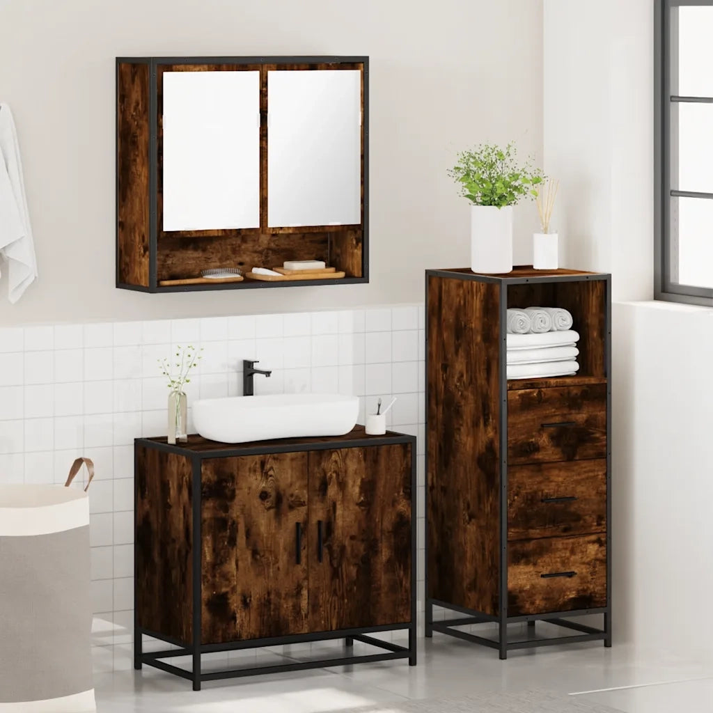 Set Mobili da Bagno 3 pz Rovere Fumo in Legno Multistrato 3301037