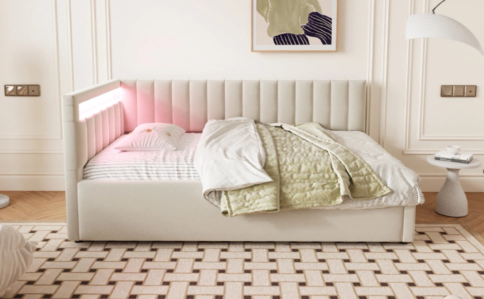 Letto poltrona con illuminazione LED e vano contenitore idraulico in velluto beige 90x200 cm