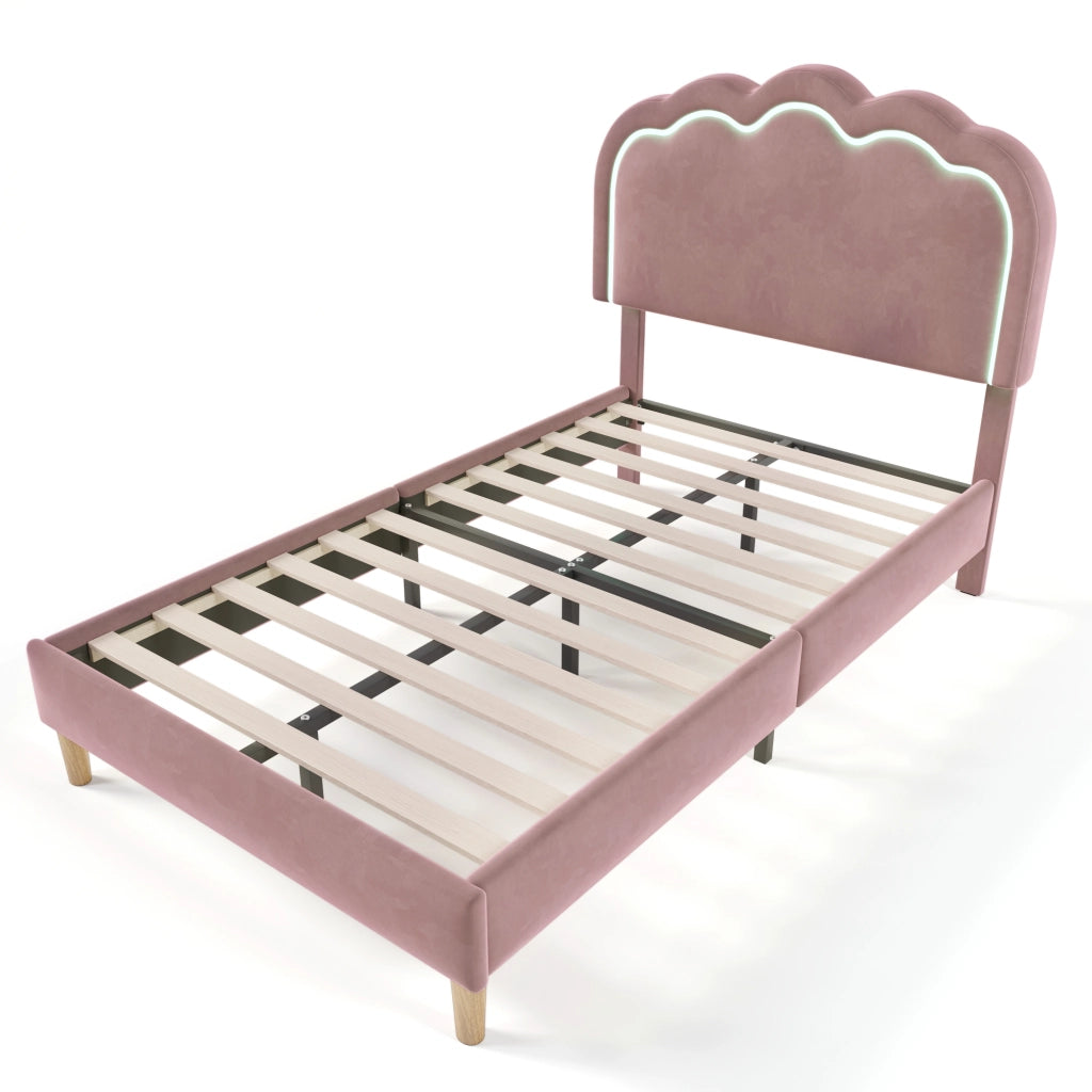 Letto singolo imbottito LED 90x190 cm in velluto rosa con testiera regolabile