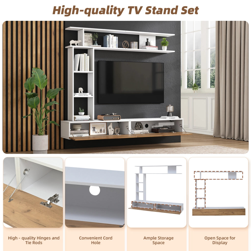 Mobile TV da parete o da terra con mensole e vani aperti 180 cm; bianco e rovere