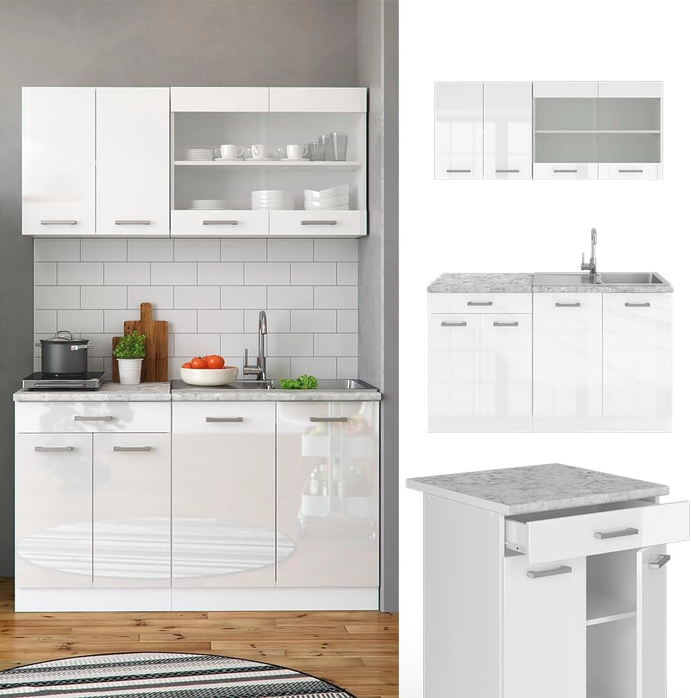 Cucina monoblocco R-Line, Bianco lucido, 140 cm, PL Rovere, adatto a spazi piccoli, espandibile in modo modulare
