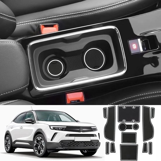 Materassini antislip per Opel Mokka B Mokka-E 2021-2024, tappetini in gomma per console centrale, tappetini in gomma per portiere, tappetini in gomma per becher, accessori Opel Mokka tappetini in gomma antislip (bianchi)