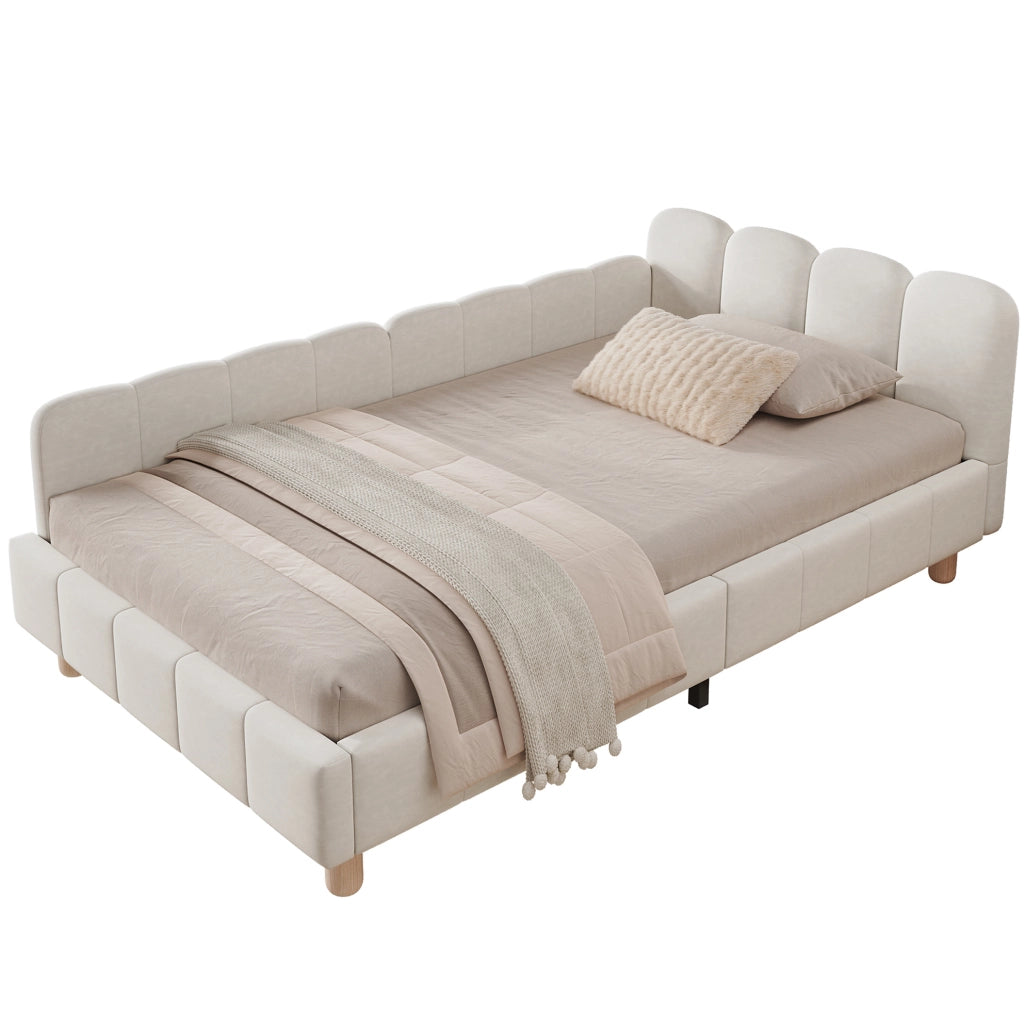 Letto per bambini imbottito in velluto beige con testiera ergonomica e tasche laterali