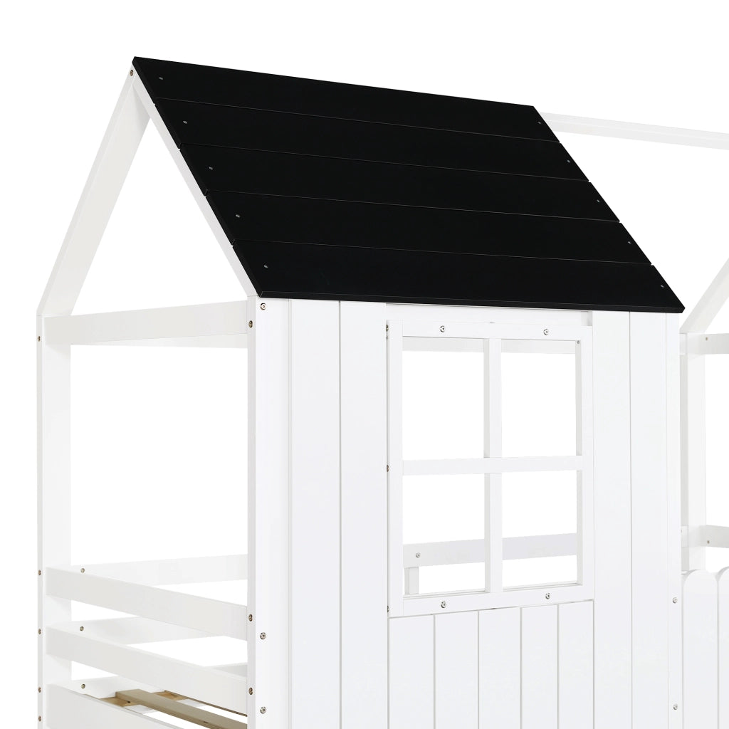 DESMIU Letto a soppalco bambino 90 × 200 cm 1 posto con scala, finestre, senza materasso, in legno, bianco e nero