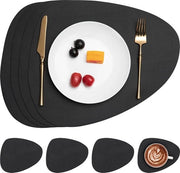 Tavoliere e sottopanchine in pelle, Placemat impermeabile a doppia faccia per cucina, Piatti e sottopanchine antiscivolo lavabili (Set a 6 pezzi, triangolare, rotondo, nero)