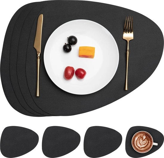 Tavoliere e sottopanchine in pelle, Placemat impermeabile a doppia faccia per cucina, Piatti e sottopanchine antiscivolo lavabili (Set a 6 pezzi, triangolare, rotondo, nero)
