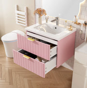 Mobile bagno sospeso con lavabo in ceramica; doppio ripiano; MDF rosa e bianco; 60;5 cm