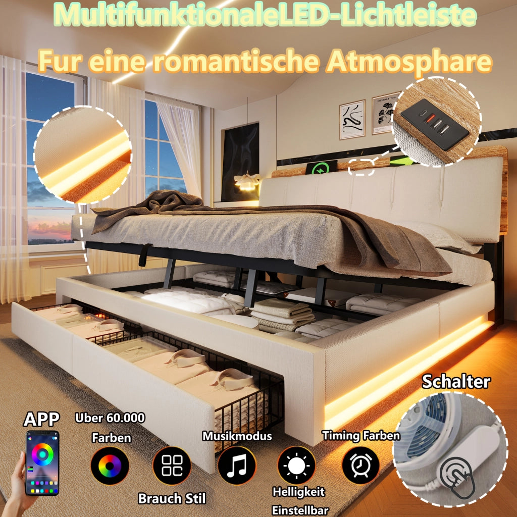 DESMIU Letto contenitore 180 × 200 cm 2 posti con USB, Type-C, LED, senza materasso, in lino, beige