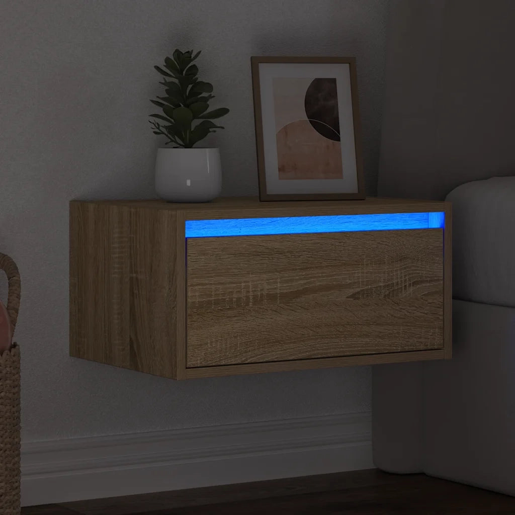 Comodino | Armadio da Notte | Mobiletto da notte a Parete con luci LED Rovere Sonoma