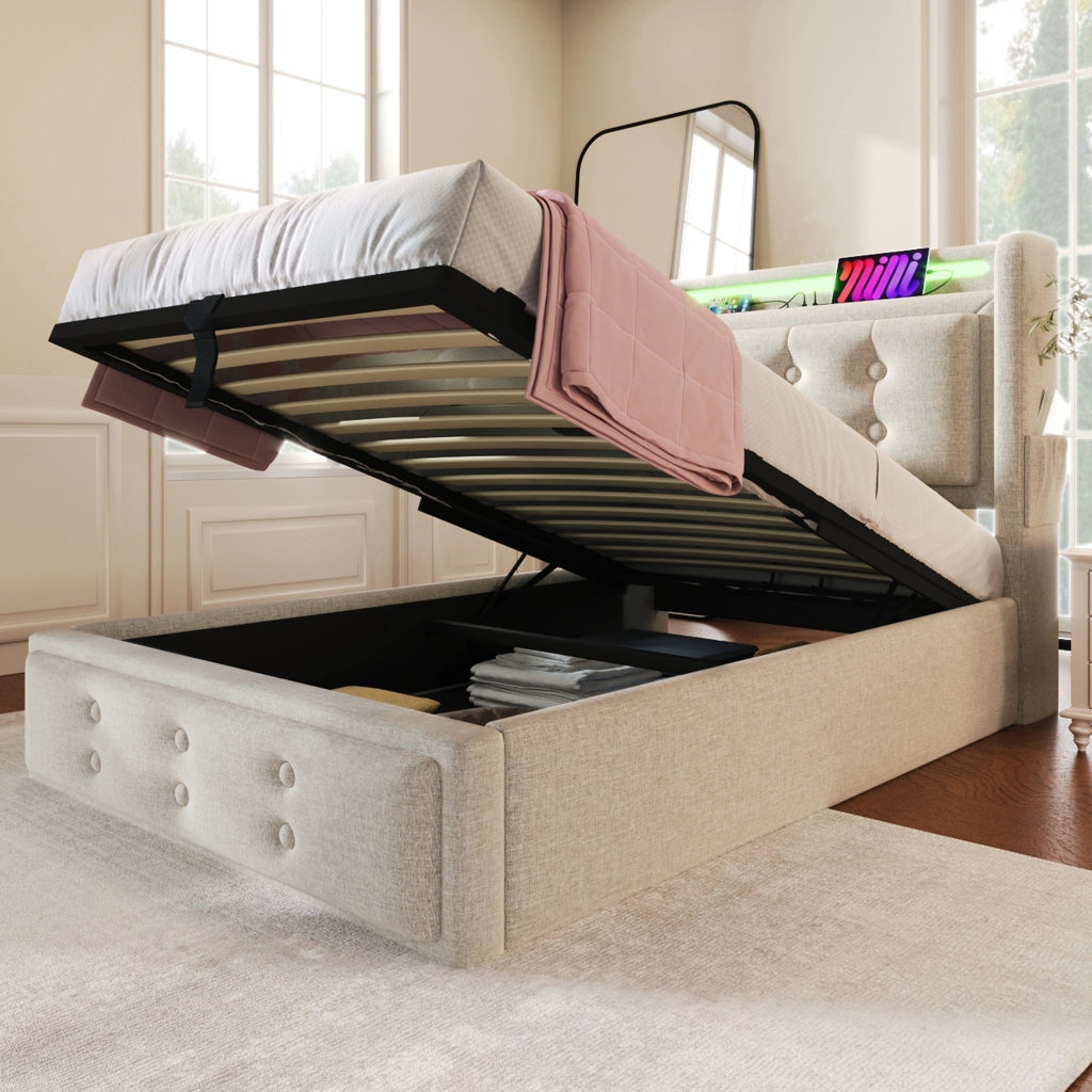 DESMIU Letto contenitore 90 × 200 cm 1 posto con LED, USB e Type-C, con materasso, beige, in cotone lino