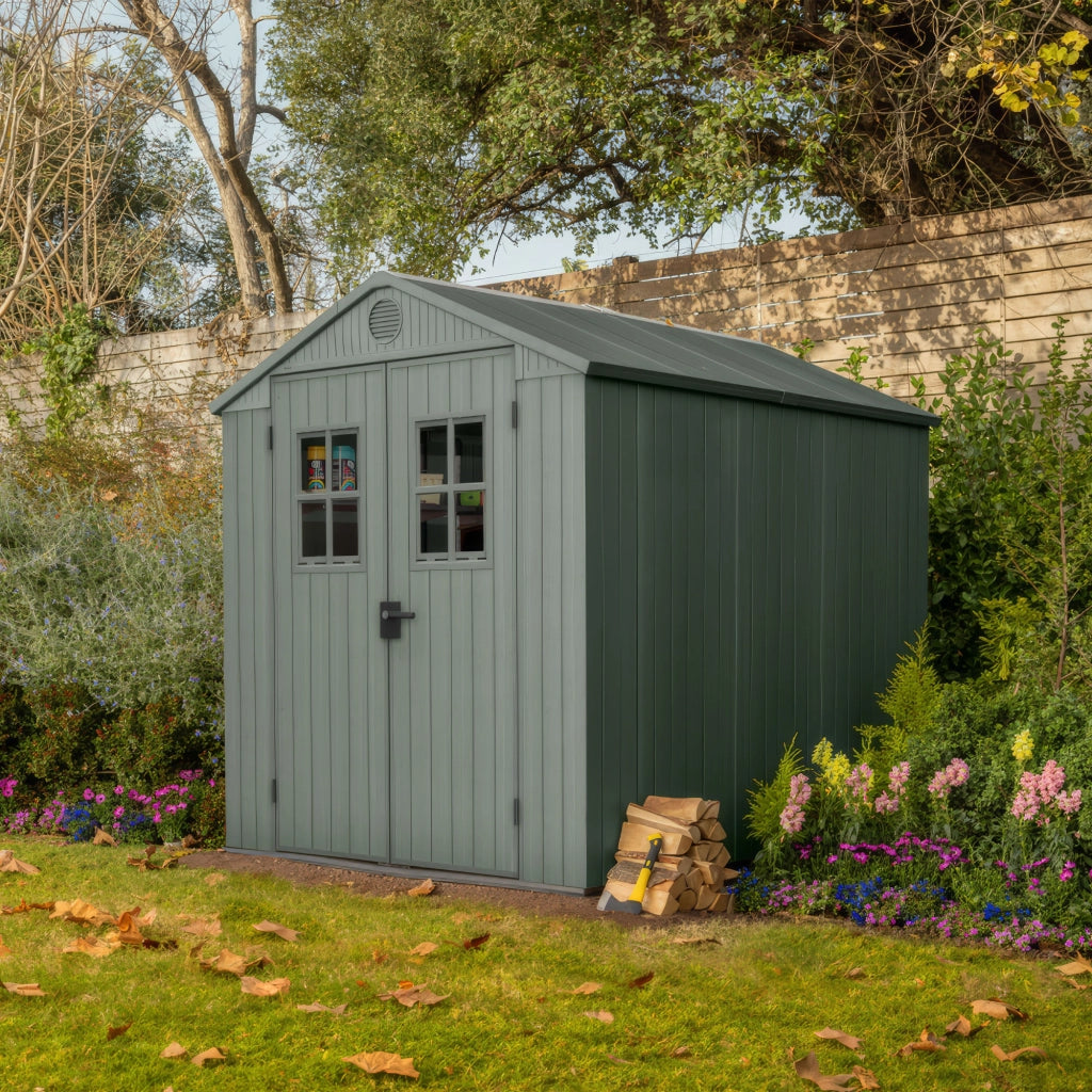 Darwin 6x8 - Casetta da Giardino 190x221x244 2 cm 2 Ante per deposito attrezzi finitura effetto le - gno Evotech+ in Resina Verde