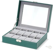 Cassa orologio verde con imitazione legno con 10 compartimenti – Organizzatore orologio con vetrata – Scatola con cuscini rimovibili