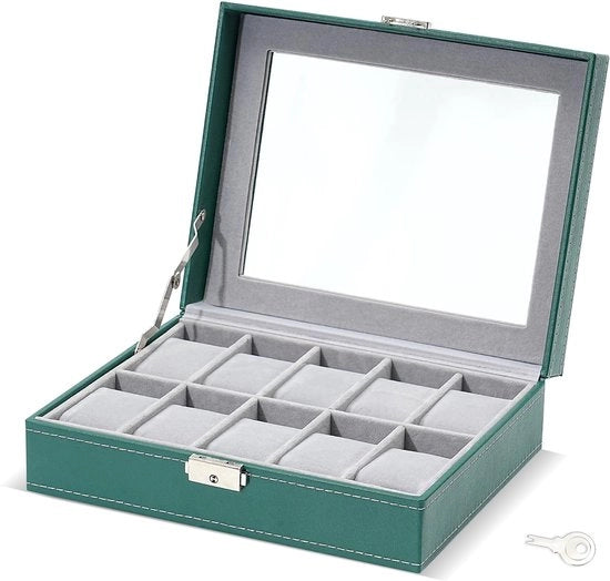 Cassa orologio verde con imitazione legno con 10 compartimenti – Organizzatore orologio con vetrata – Scatola con cuscini rimovibili