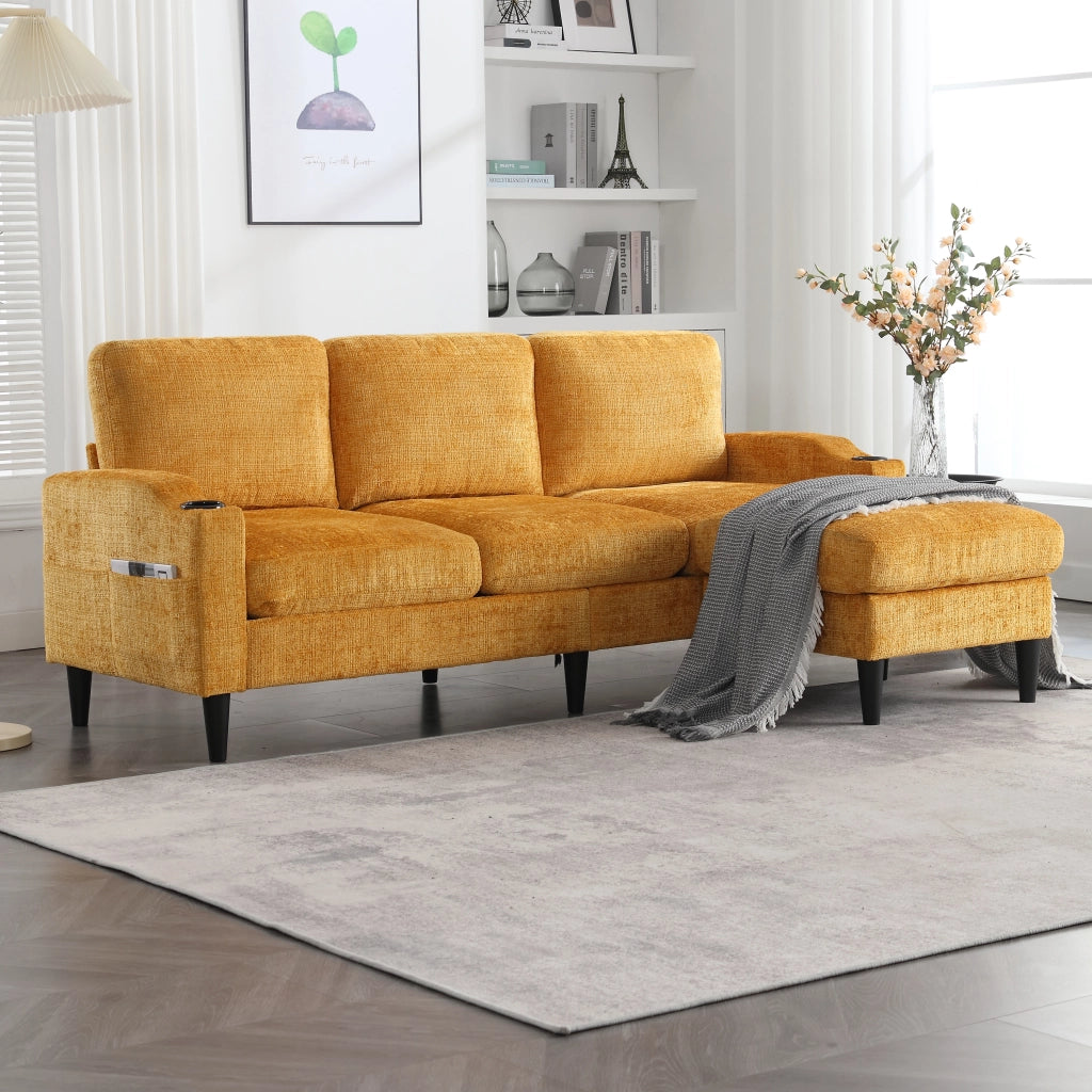 DIVANO 4 POSTI 196,5x75x77 cm in Chenille Giallo con Pouf e Contenitore