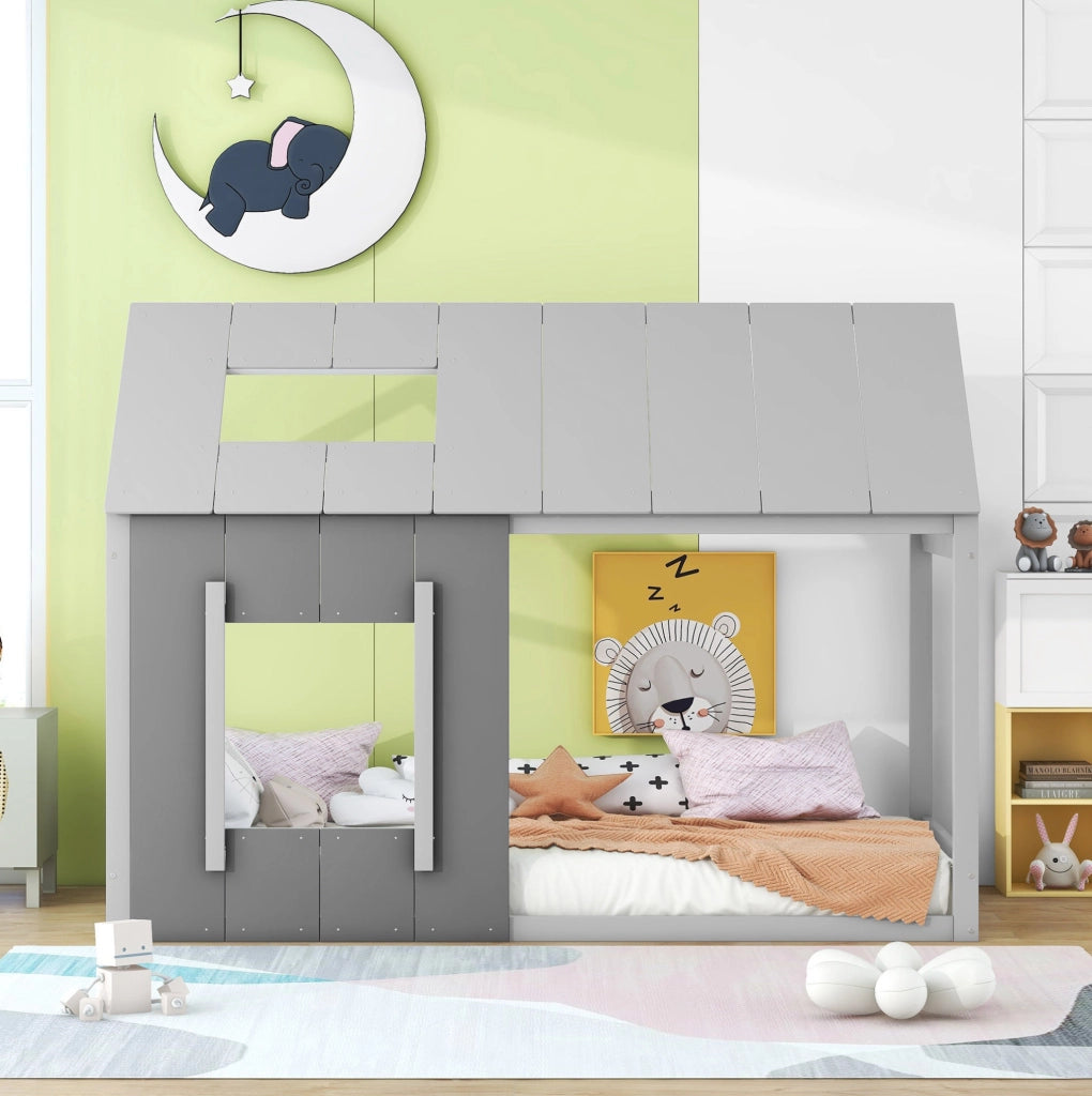Letto per bambini 90x200 cm a forma di casa con tetto e finestra; legno; grigio