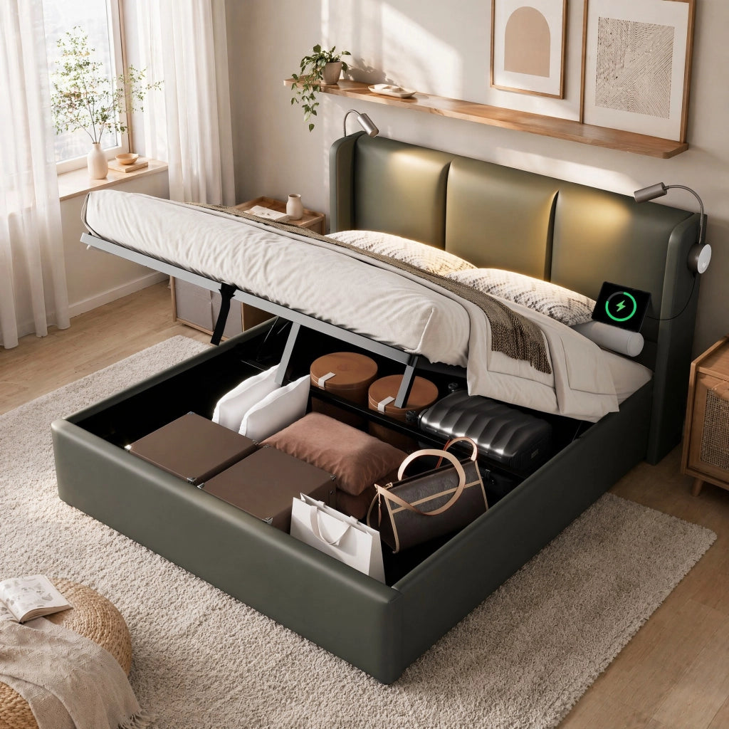 Letto matrimoniale 160x200 cm in PU grigio con contenitore; luce lettura e porta USB