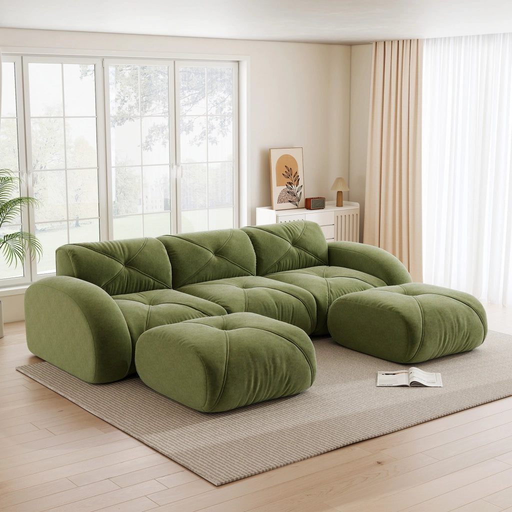 Divano panoramico in U modulare senza struttura con 2 pouf per soggiorno e relax in chenille verde 281 × 171 × 76 cm
