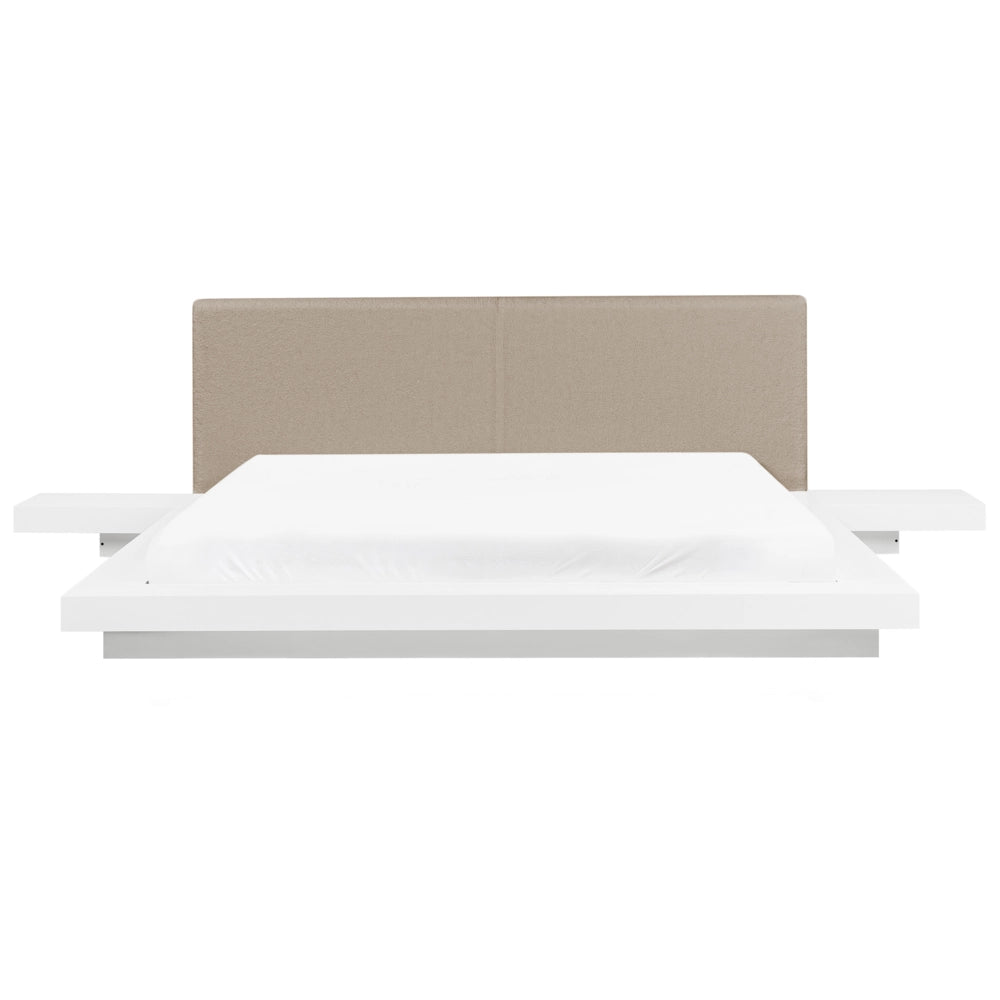 Letto matrimoniale ad acqua moderno con piattaforma comodini testata in legno bianco bouclé tortora 180 x 200 cm stile giapponese