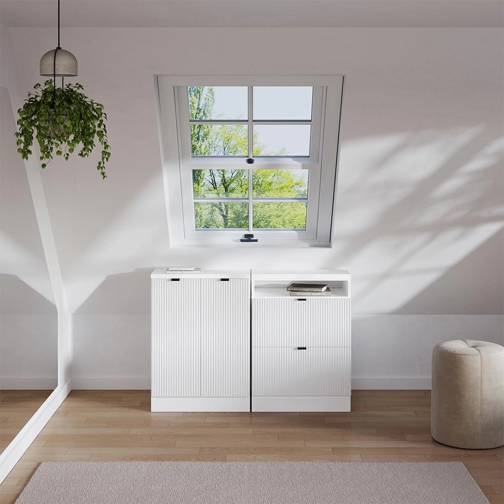 Set di mobili sottotetto Rion, Ondulazione bianca, 120 cm Set di 2 carcasse armadio profondità 60 cm, adatto per il salvaspazio sotto tetti spioventi