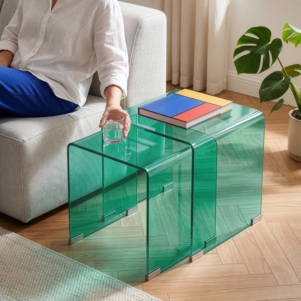 Set Kariengem di 2 Tavolini Sovrapponibili in Vetro - Verde [en.casa]