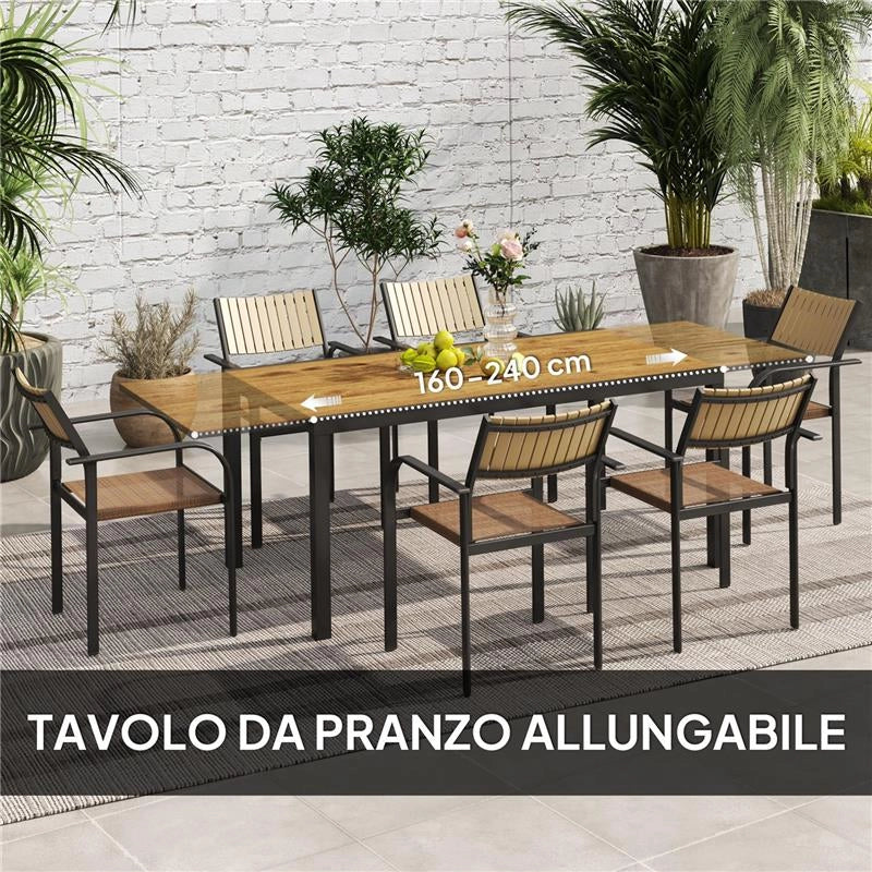 SET TAVOLO DA GIARDINO ALLUNGABILE CON 6 SEDIE DA ESTERNO IMPILABILI ACCIAIO E TEXTILENE MARRONE