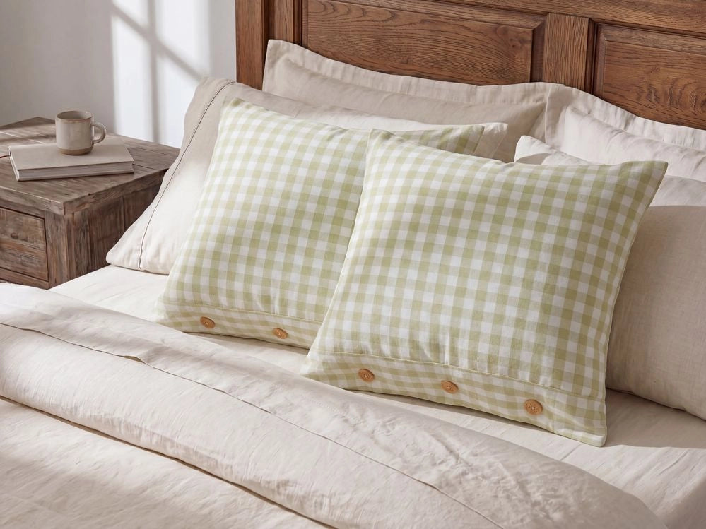 Cuscino decorativo a quadretti verde oliva e bianco con bottoni 45 x 45 cm soggiorno camera da letto