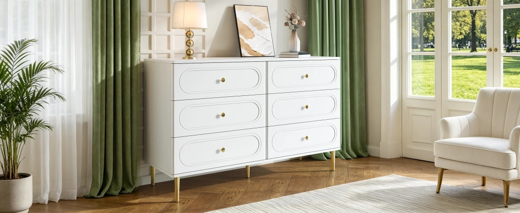 Credenza con 6 cassetti e dettagli ovali, piedi in metallo, per soggiorno e ingresso, bianco, 120 × 40 × 75 cm
