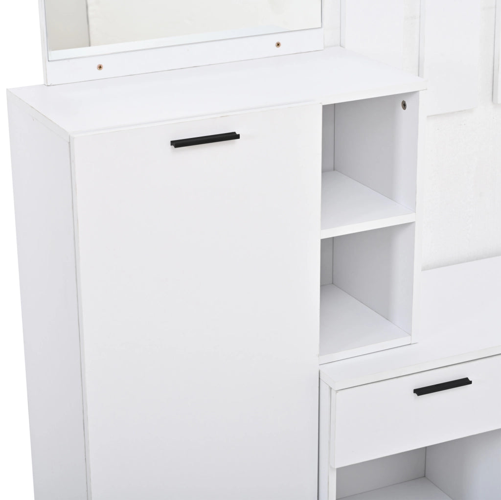 Garderoba da ingresso 120x35x175.5 cm con specchio; 2 cassetti e 4 ganci in MDF bianco