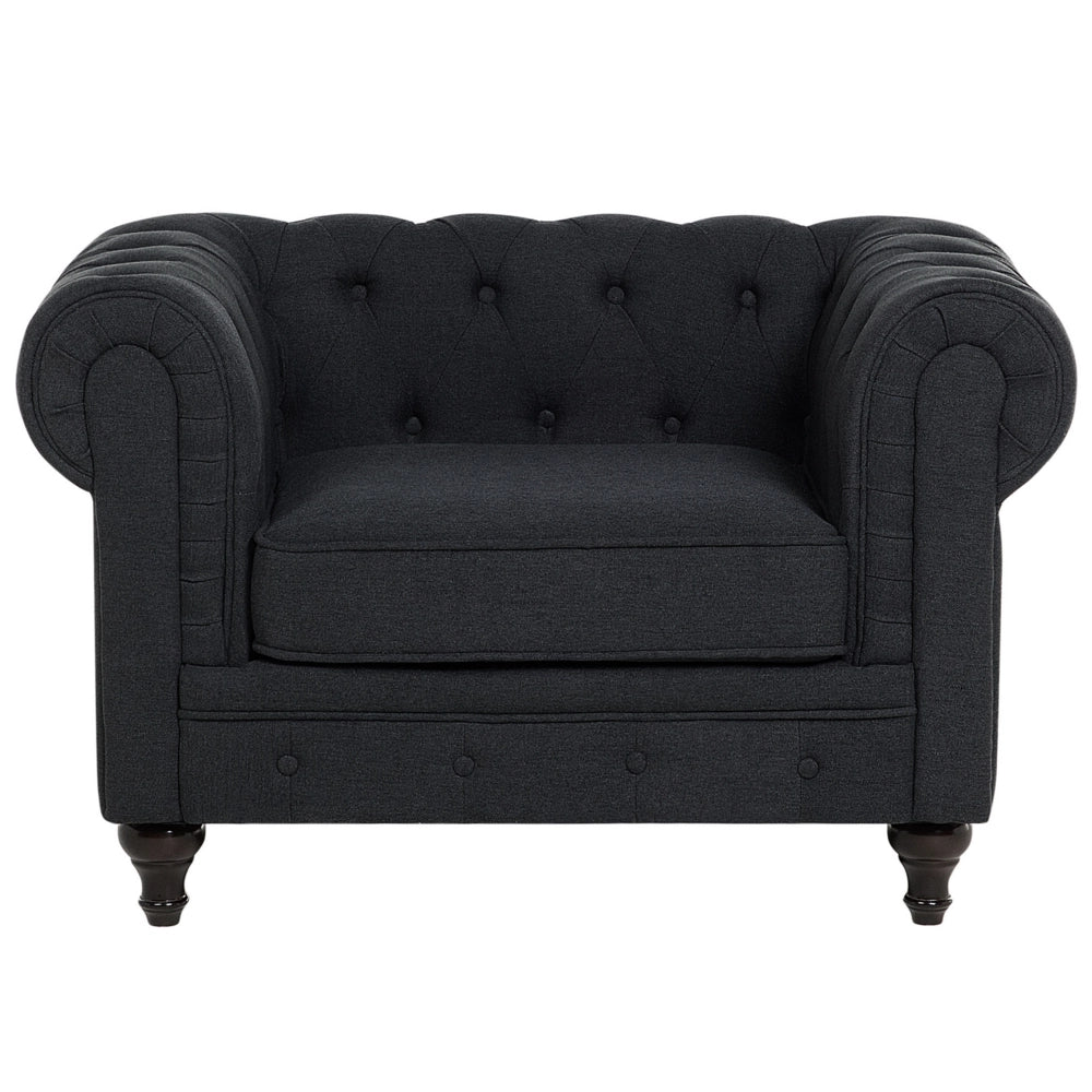 Poltrona Chesterfield Grigio Grafite Rivestimento Gambe In Legno Scuro Contemporaneo