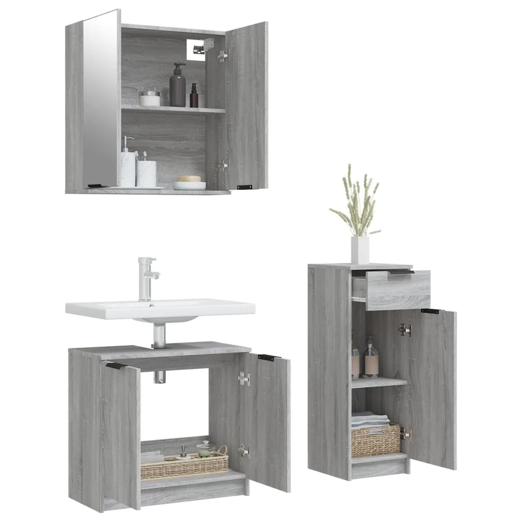 Set Mobili da Bagno 3 pz Grigio Sonoma in Legno Multistrato 3115874