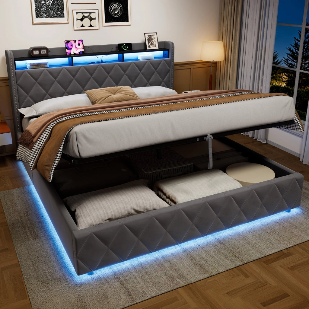 Letto Imbottito 180x200 cm con Contenitore, LED e USB, Grigio Scuro