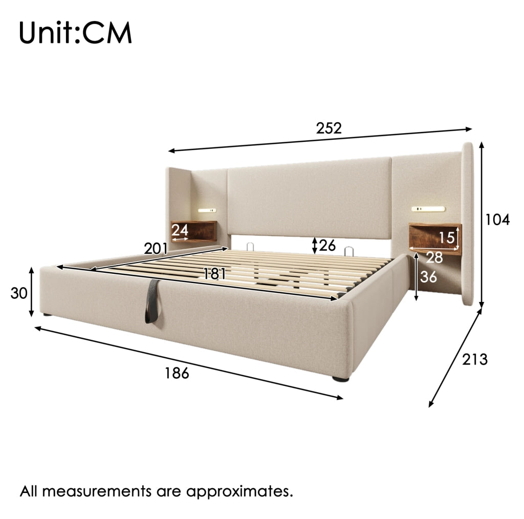 Letto matrimoniale 180x200 cm con testiera multifunzione; luce di lettura; USB e Type-C; beige